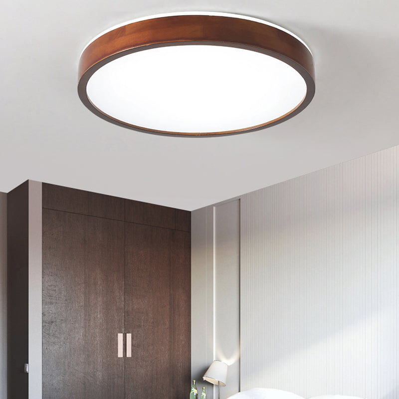 Japanese Round Ceiling Light Brown Wood LED Flush Mount Light for Living Room