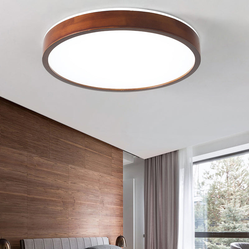 Japanese Round Ceiling Light Brown Wood LED Flush Mount Light for Living Room