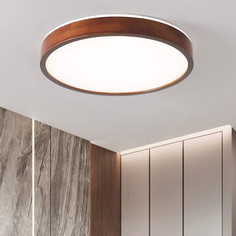 Japanese Round Ceiling Light Brown Wood LED Flush Mount Light for Living Room