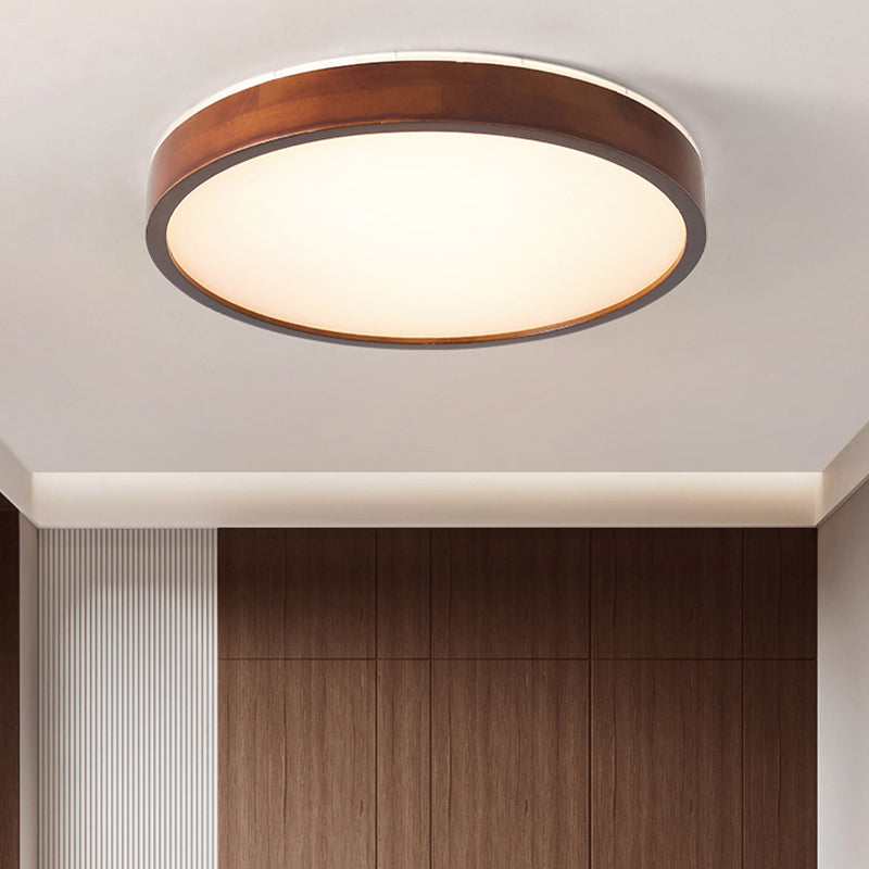 Japanese Round Ceiling Light Brown Wood LED Flush Mount Light for Living Room