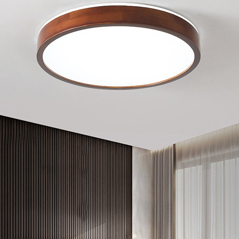 Japanese Round Ceiling Light Brown Wood LED Flush Mount Light for Living Room