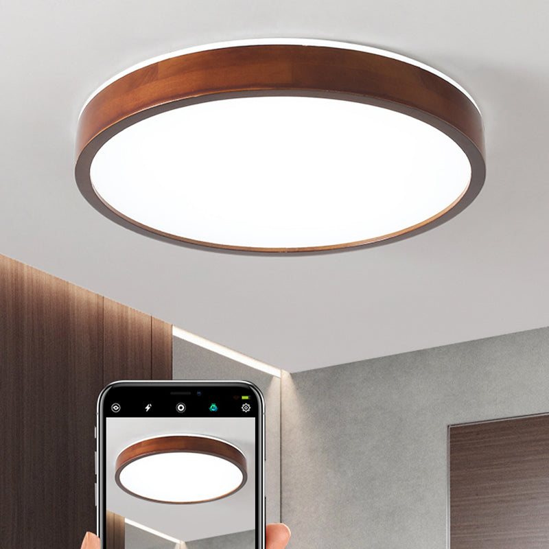 Japanese Round Ceiling Light Brown Wood LED Flush Mount Light for Living Room