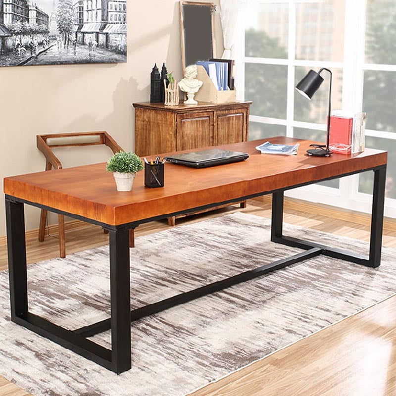 Industrial Pine Wood Top Office Desk Brown Rectangular Desk with Black Trestle