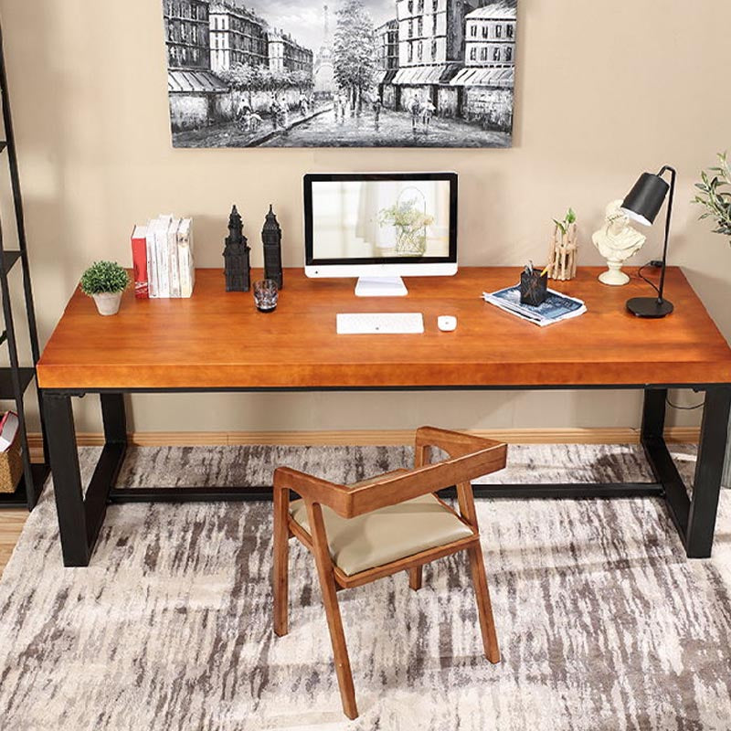 Industrial Pine Wood Top Office Desk Brown Rectangular Desk with Black Trestle