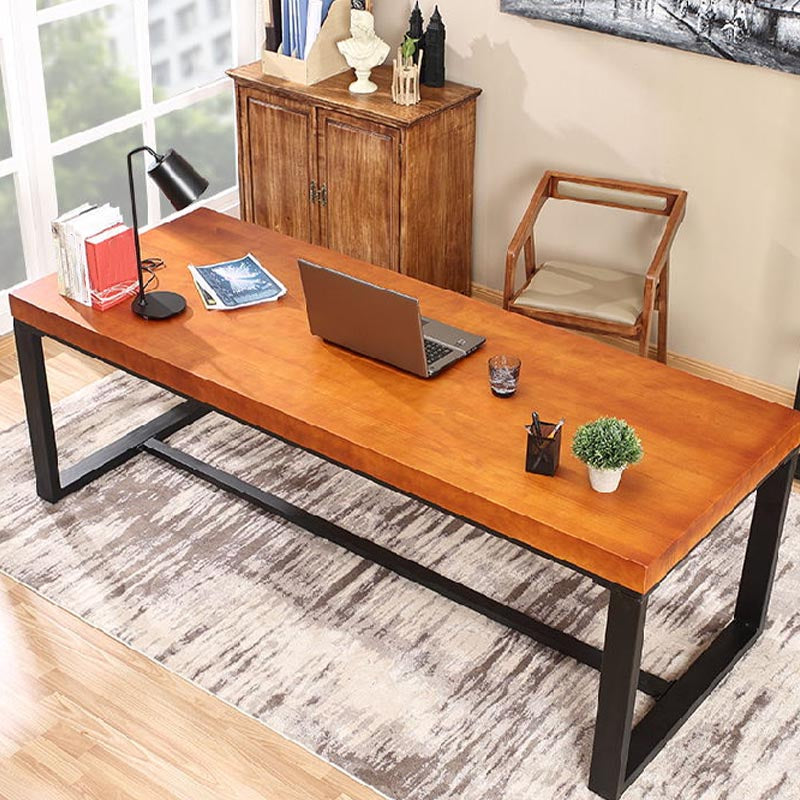 Industrial Pine Wood Top Office Desk Brown Rectangular Desk with Black Trestle