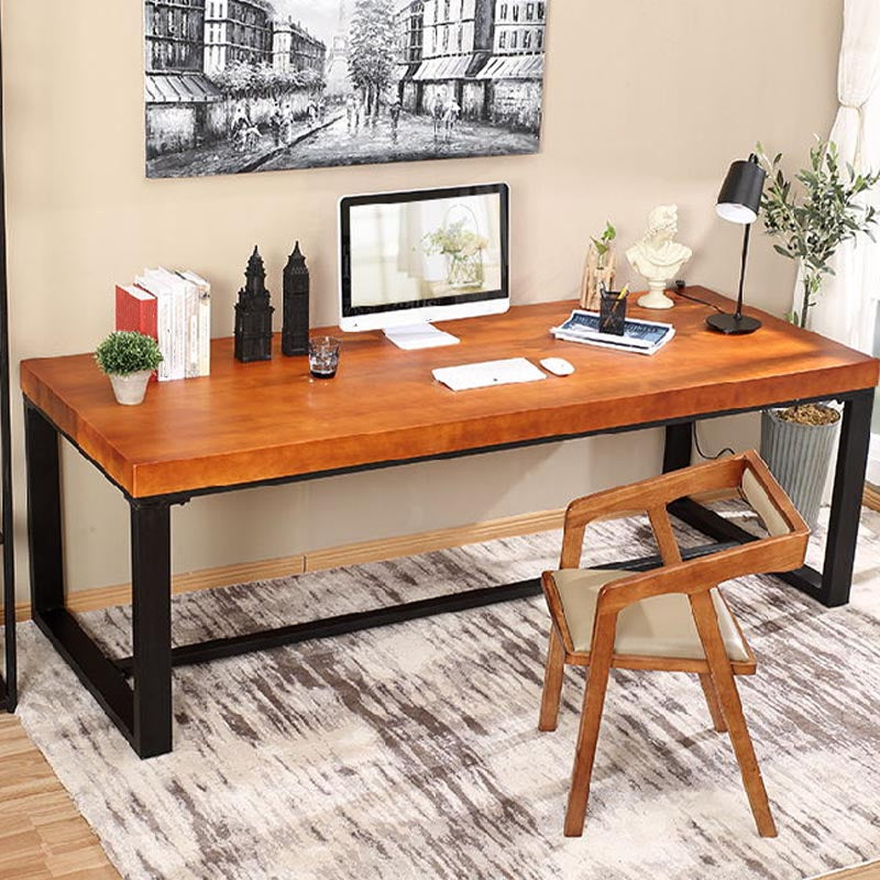 Industrial Pine Wood Top Office Desk Brown Rectangular Desk with Black Trestle