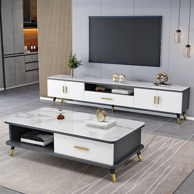 Gorgeous TV Stand Console With Record Storage , Glass and Wood TV Stand in Grey / White