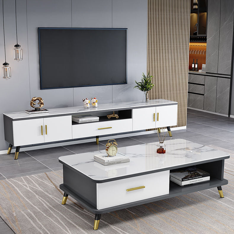 Gorgeous TV Stand Console With Record Storage , Glass and Wood TV Stand in Grey / White