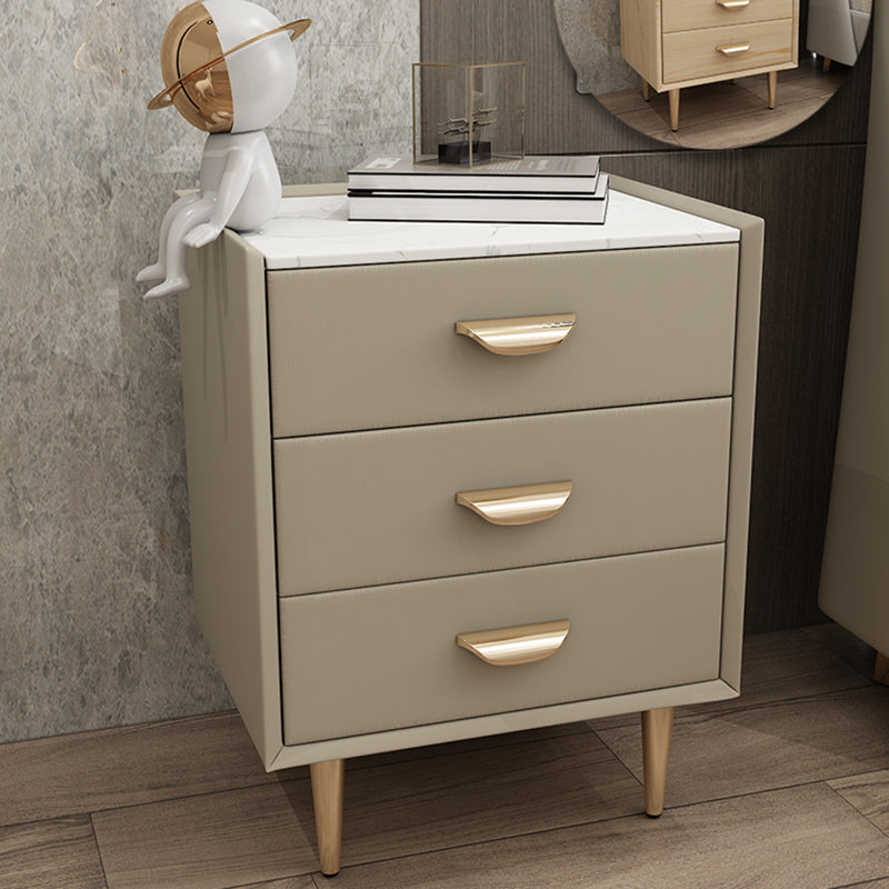 Contemporary Solid Wood Nightstand 3 - Drawer Stone Top Night Table