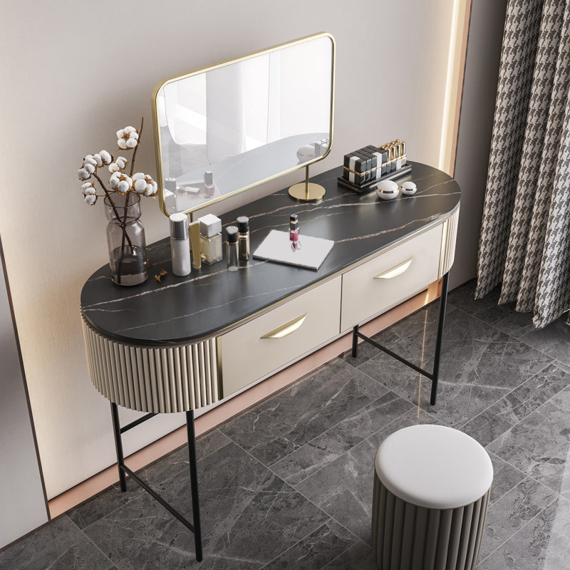 Contemporary Vanity Set, 2 Storage Drawers With Mirror & Padded Stool