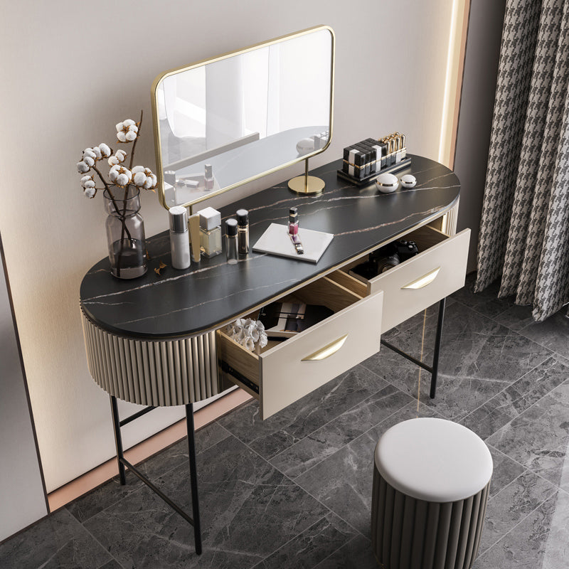 Contemporary Vanity Set, 2 Storage Drawers With Mirror & Padded Stool