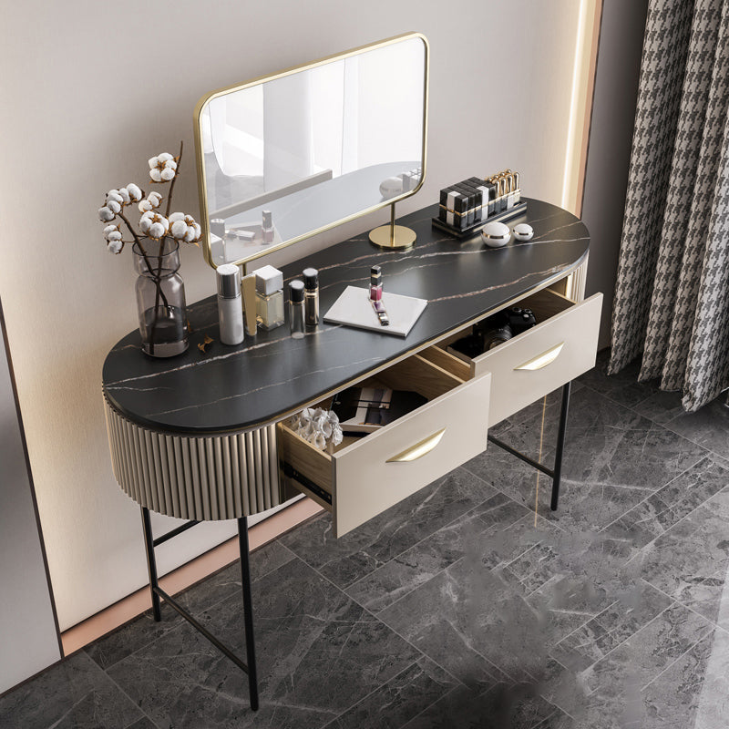 Contemporary Vanity Set, 2 Storage Drawers With Mirror & Padded Stool