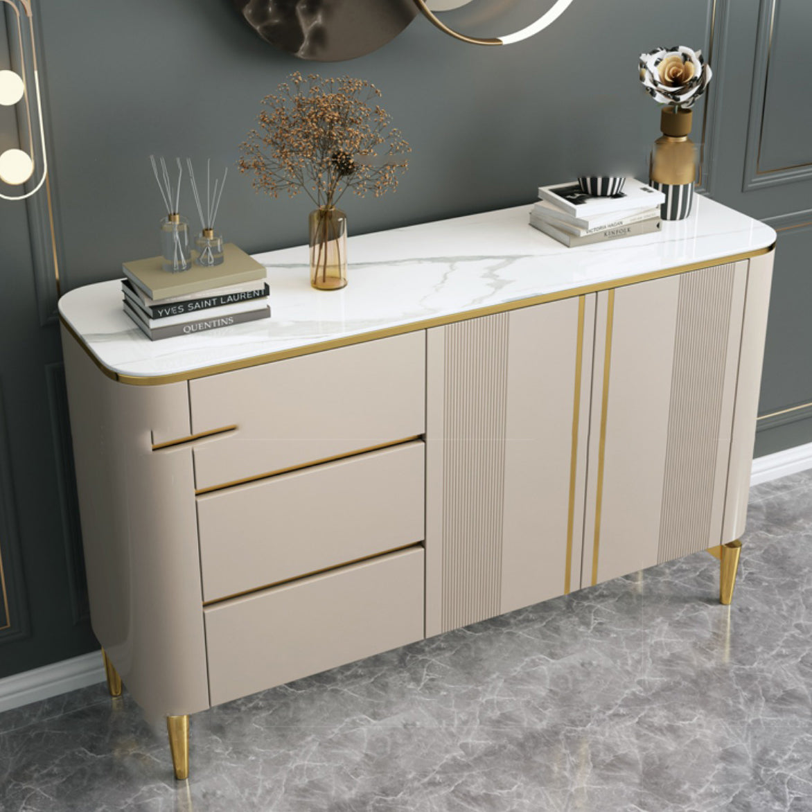 Glam Sideboard Stone Top Sideboard with 1-door for Living Room