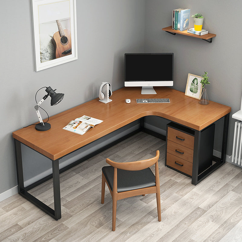 Brown Contemporary Corner Writing Desk Pine Wood Desktop Black H-Shape Base Desk