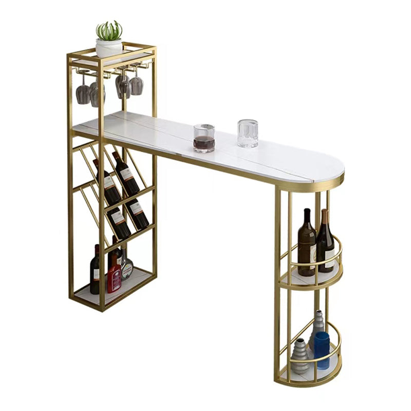 Contemporary Bistro Accent Dining Table Stone and Metal Bar Table with Wine Rack