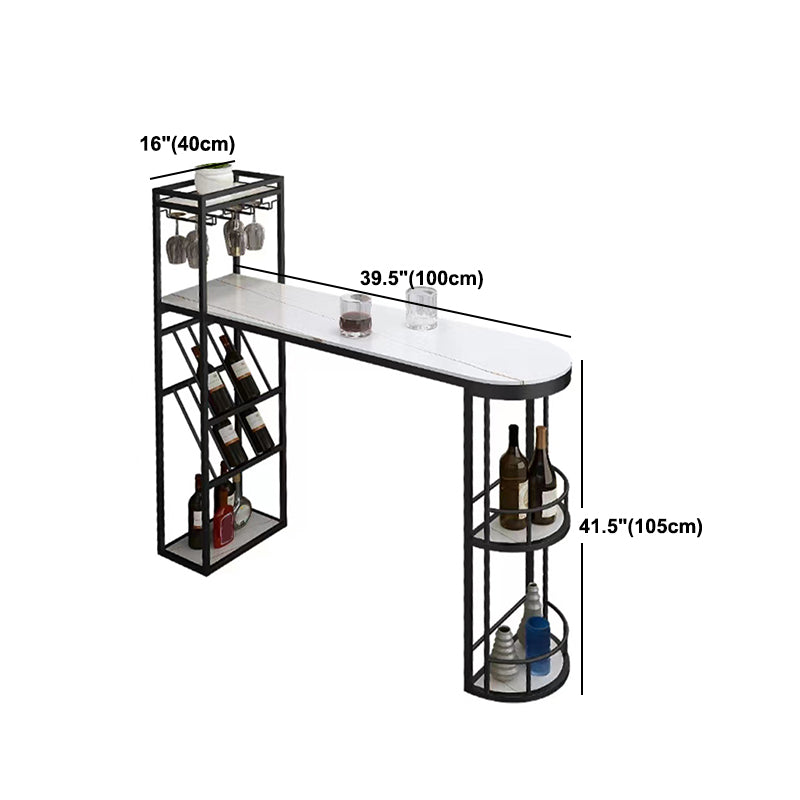 Contemporary Bistro Accent Dining Table Stone and Metal Bar Table with Wine Rack