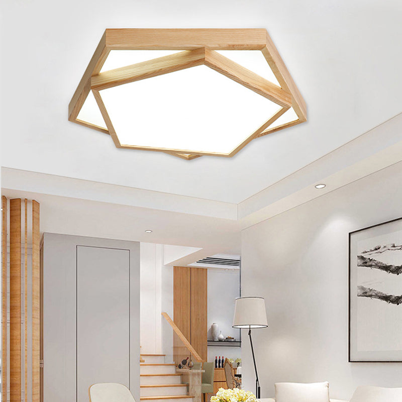 Simple Pentagon Flush Mount Light 2-Light Wood LED Ceiling Light for Bedroom