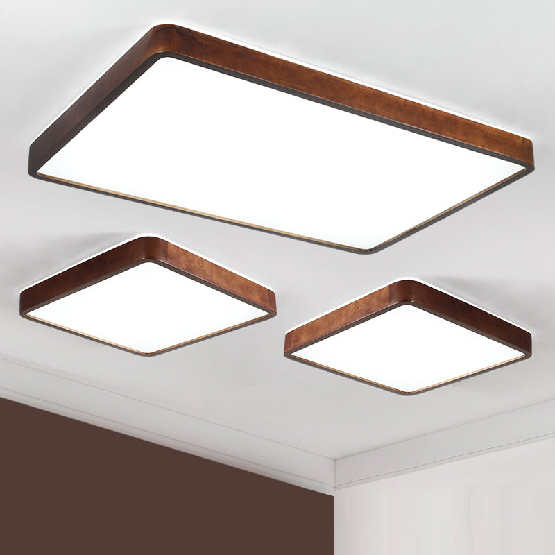 Japanese Style Rectangle Ceiling Light Brown Wood LED Flush Mount Light for Living Room