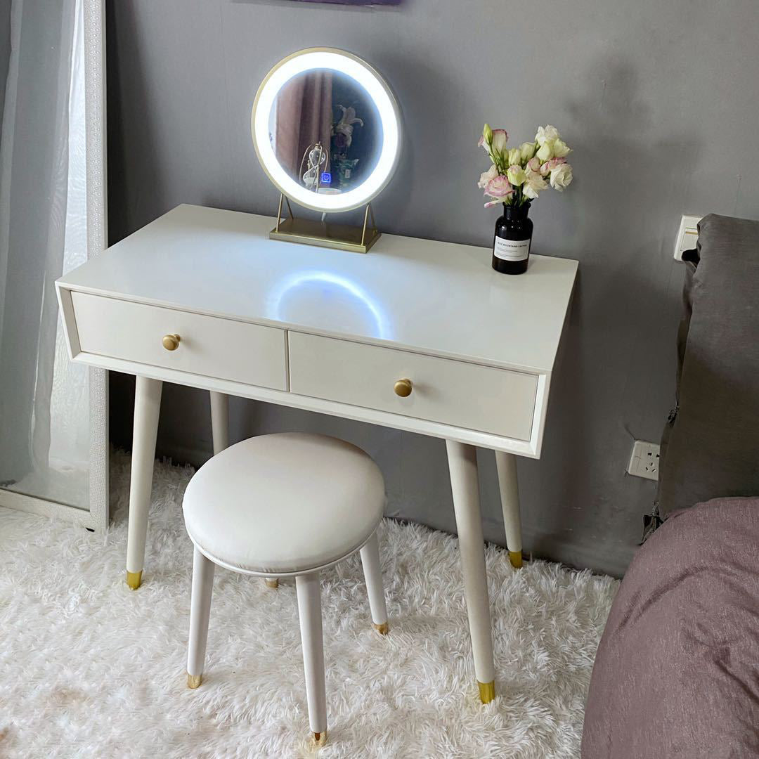 Rectangular Dressing Table Made of White Solid Wood with 5 Drawers and 1 Grey Stool