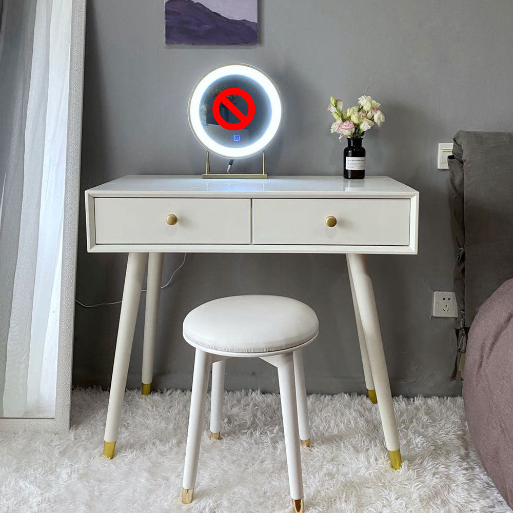 Rectangular Dressing Table Made of White Solid Wood with 5 Drawers and 1 Grey Stool