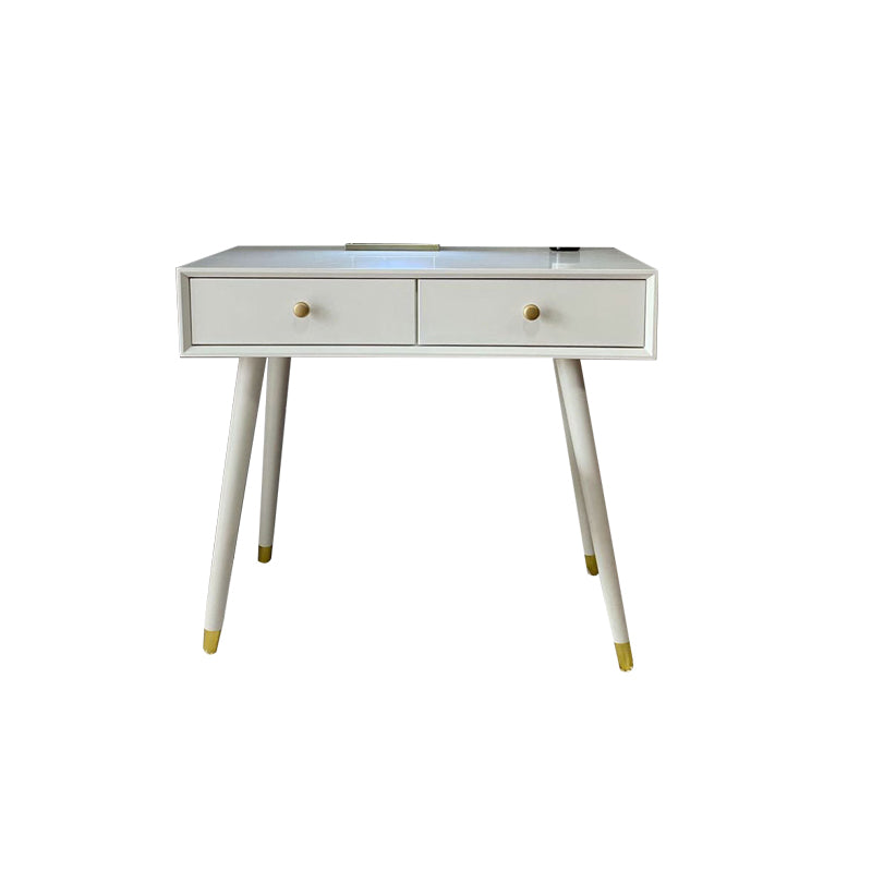 Rectangular Dressing Table Made of White Solid Wood with 5 Drawers and 1 Grey Stool