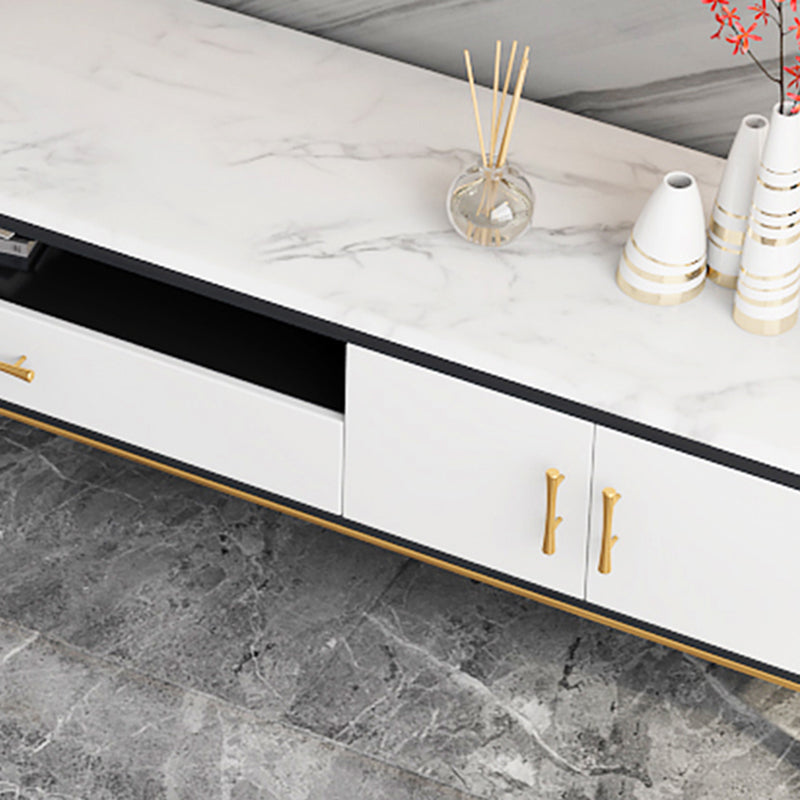 Glam Style TV Stand Stone White Colour Open Storage TV Console with Shelves