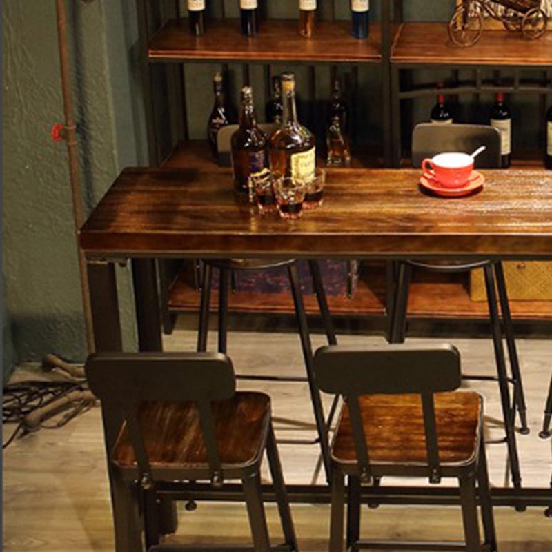 Pine Wood Top Bar Table Industrial Bar Dining Table with Black Trestle Base