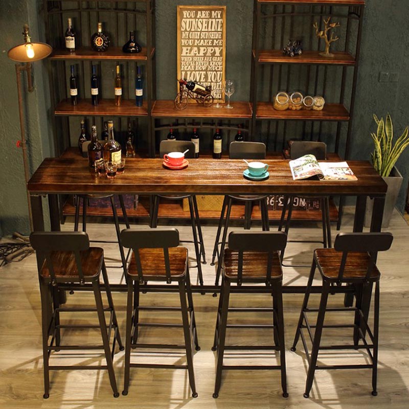 Pine Wood Top Bar Table Industrial Bar Dining Table with Black Trestle Base