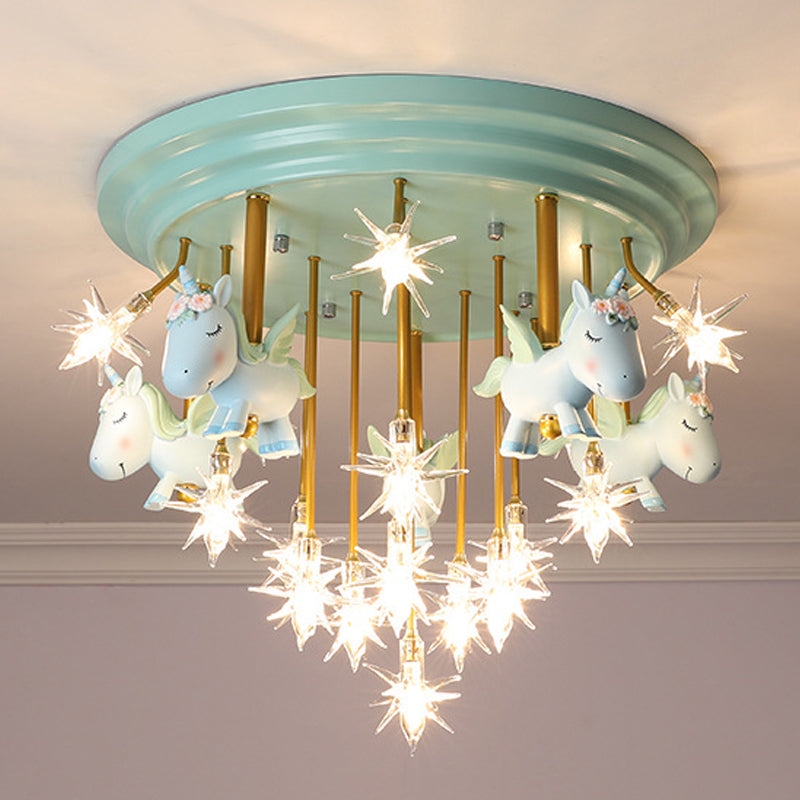 Flying Unicorn Kindergarten Semi Flush Mount Resin Kids LED Ceiling Mounted Lighting