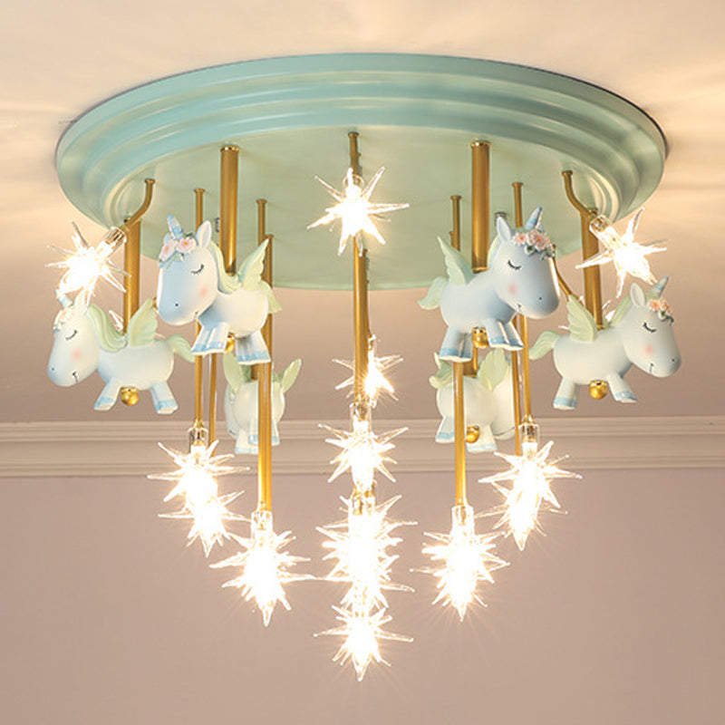 Flying Unicorn Kindergarten Semi Flush Mount Resin Kids LED Ceiling Mounted Lighting