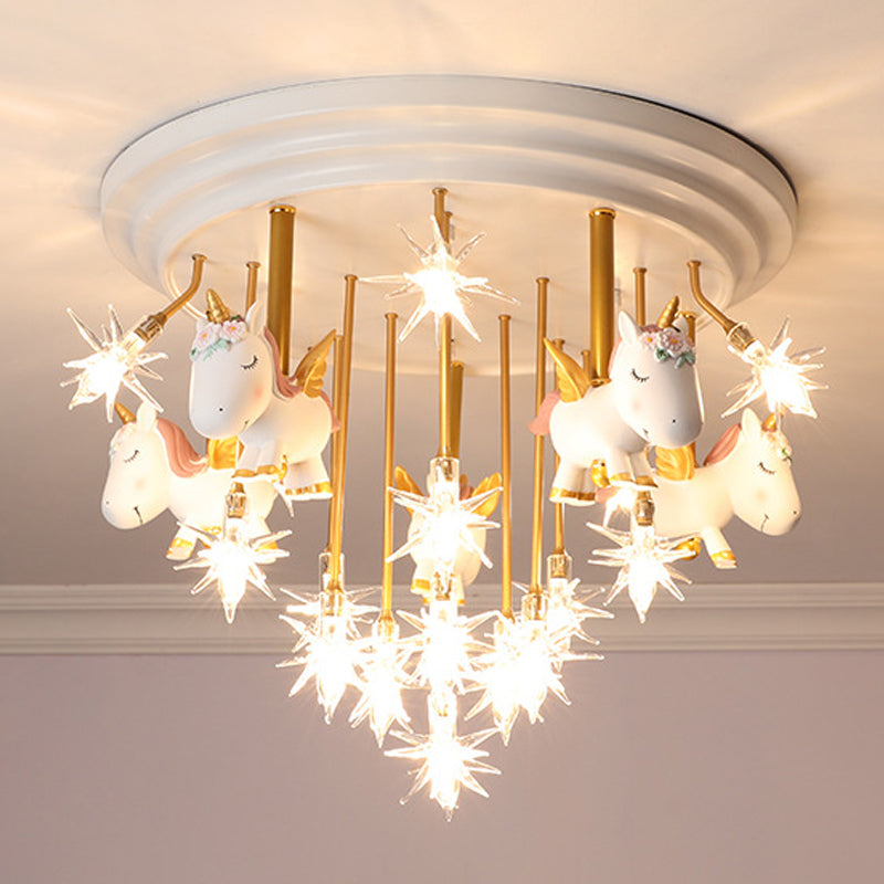 Flying Unicorn Kindergarten Semi Flush Mount Resin Kids LED Ceiling Mounted Lighting