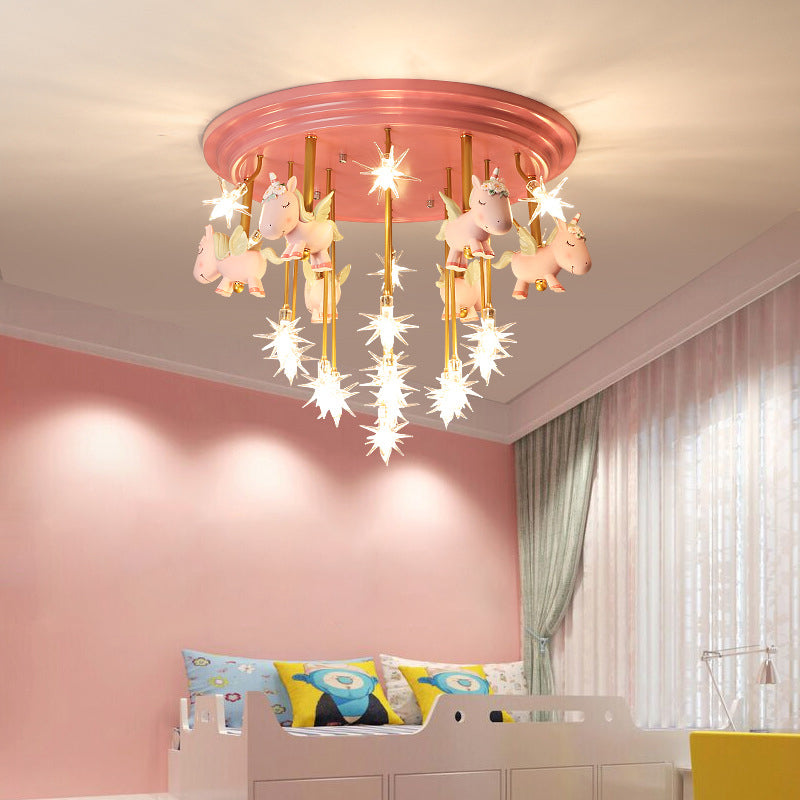 Flying Unicorn Kindergarten Semi Flush Mount Resin Kids LED Ceiling Mounted Lighting