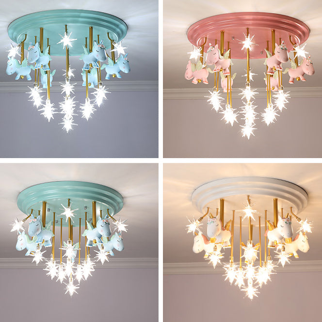 Flying Unicorn Kindergarten Semi Flush Mount Resin Kids LED Ceiling Mounted Lighting