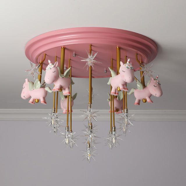 Flying Unicorn Kindergarten Semi Flush Mount Resin Kids LED Ceiling Mounted Lighting