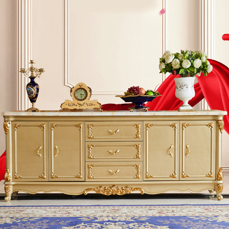 Glam 2-Door Sideboard in Gold Oak Wood Sideboard with Marble for Living Room