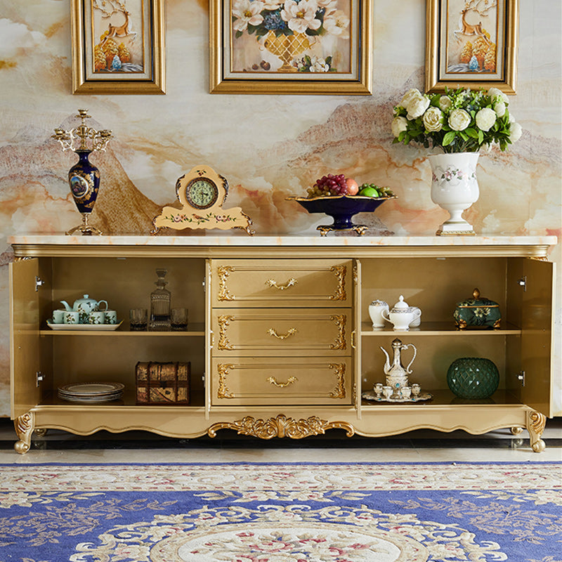 Glam 2-Door Sideboard in Gold Oak Wood Sideboard with Marble for Living Room