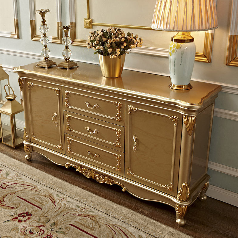 Glam 2-Door Sideboard in Gold Oak Wood Sideboard with Marble for Living Room