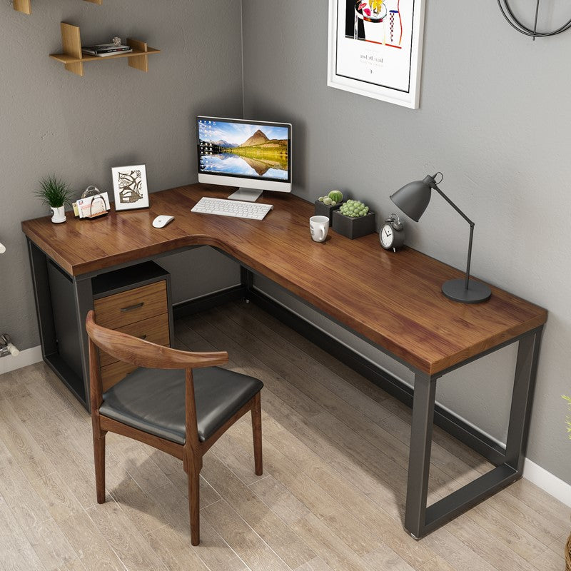 Industrial Solid Wood Writing Desk L-Shape Trestle Base Office Desk