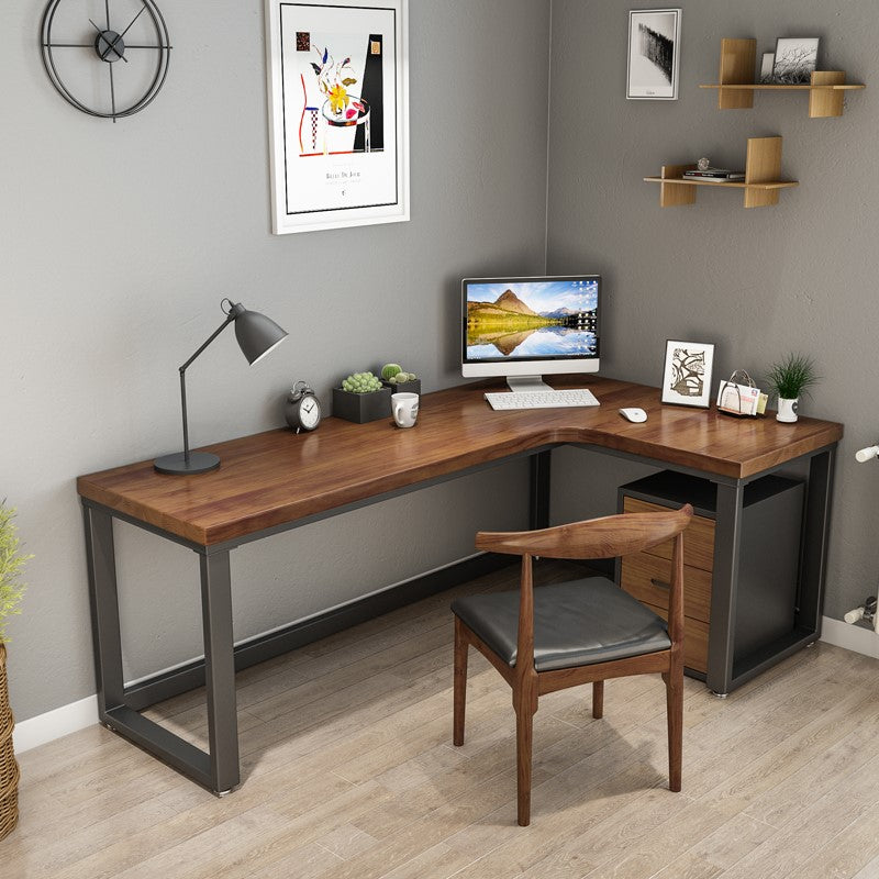 Industrial Solid Wood Writing Desk L-Shape Trestle Base Office Desk