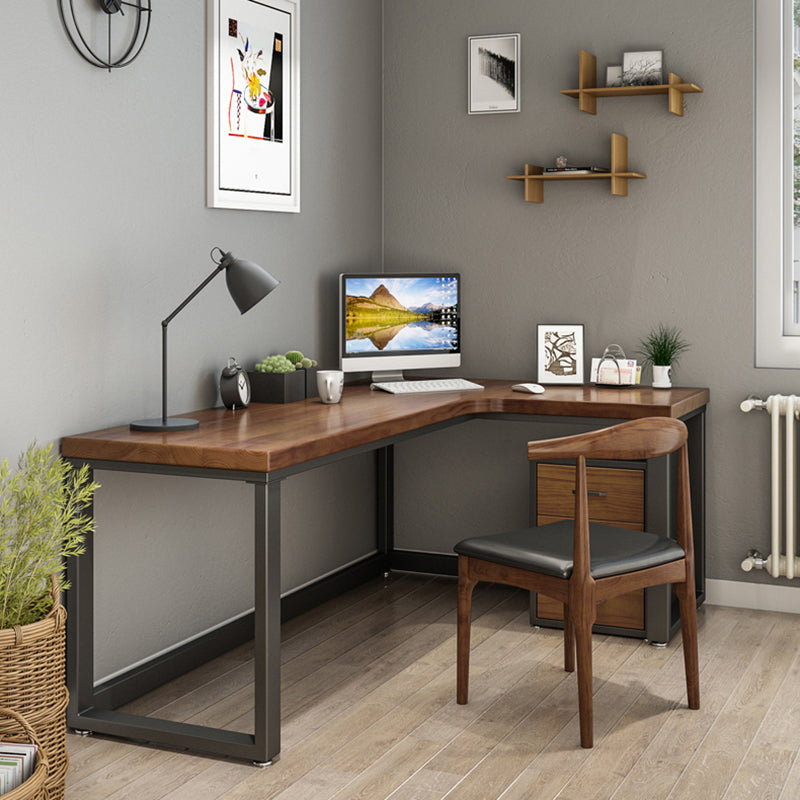 Industrial Solid Wood Writing Desk L-Shape Trestle Base Office Desk