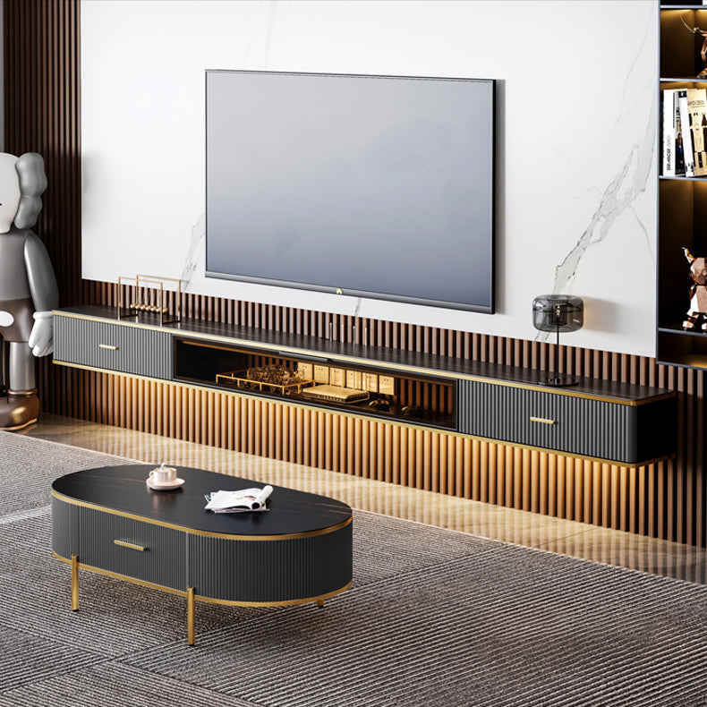 2 Drawers Glam Style TV Stand Stone Wall-mounted TV Cabinet with Door