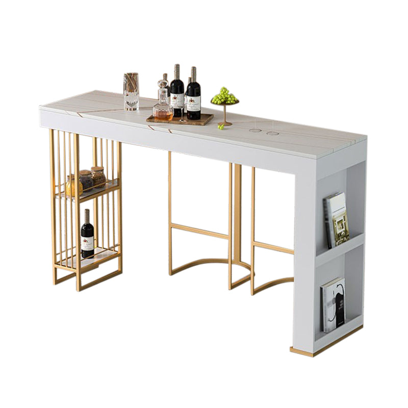 White Stone Bar Dining Table Traditional Luxury Rectangle Bar Table with Sled Base in Gold