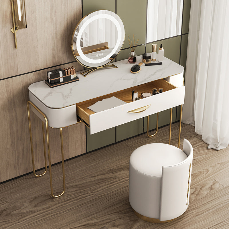 Stone and Metal with Leather Accent Vanity Table in Beige Makeup Desk