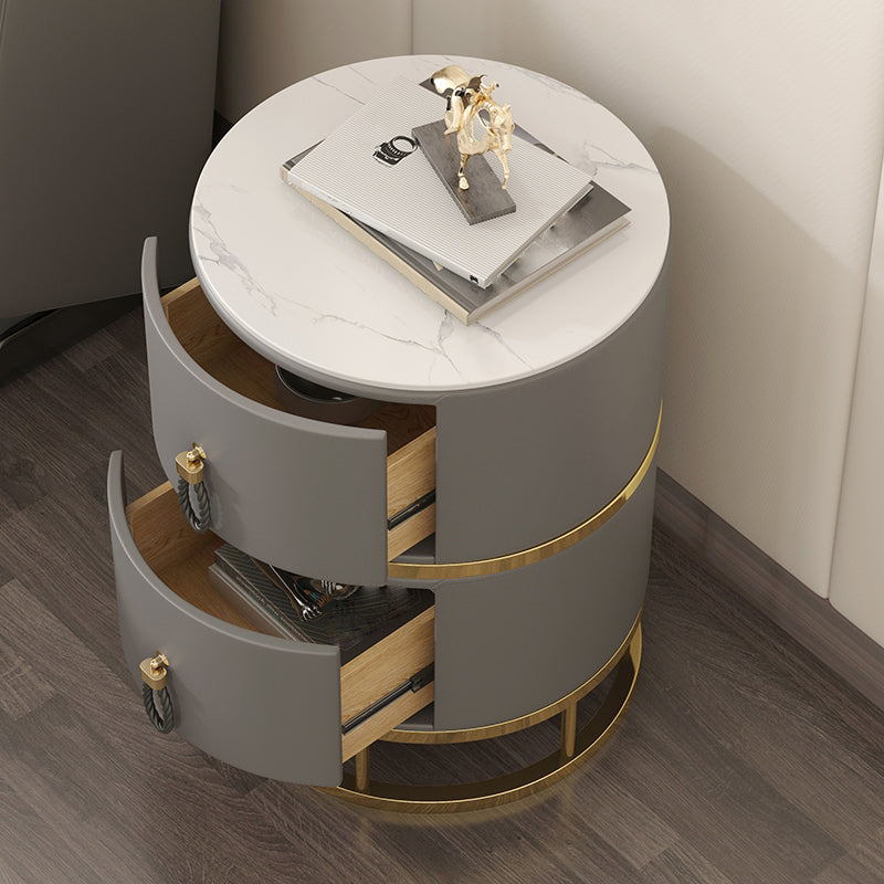 Glam Round Nightstand with 2 Drawers 20" Tall  Stone Top Night Table