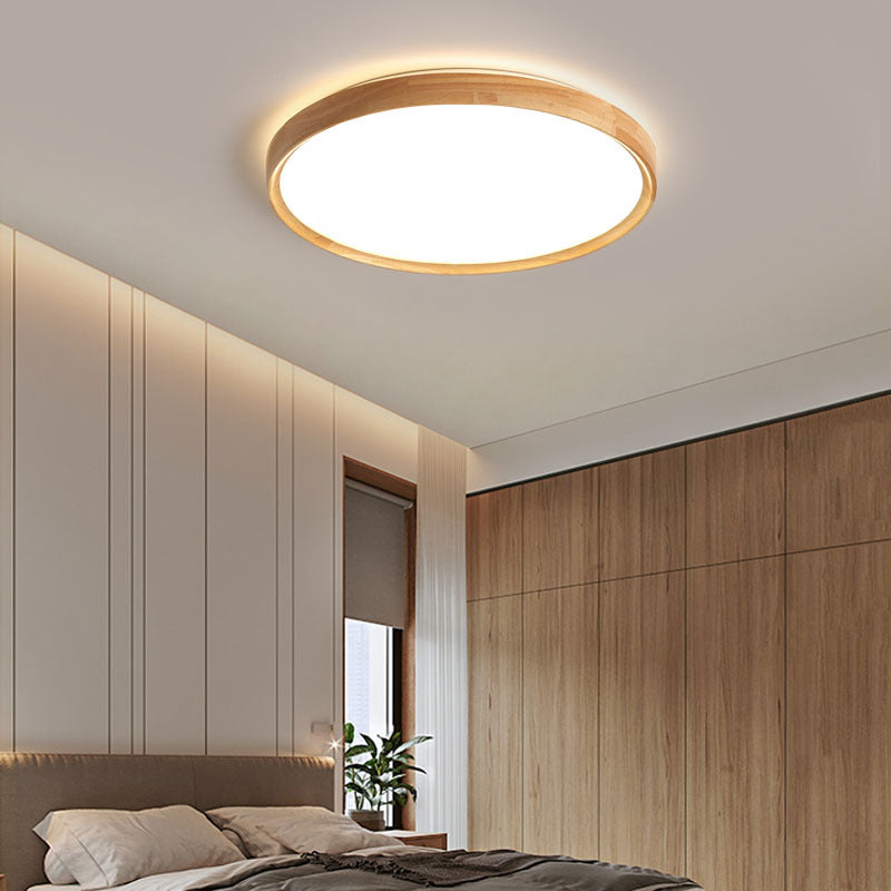 Round Wooden Ceiling Mount Light LED Ceiling Light with Acrylic Shade for Bedroom