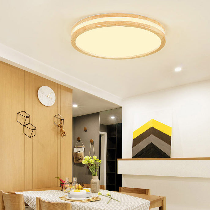 Round Simple Ceiling Mount Light Wooden LED Ceiling Light with Acrylic Shade