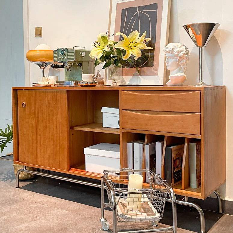 Sliding Door Pine Wood Sideboard Modern Credenza with Storage for Living Room