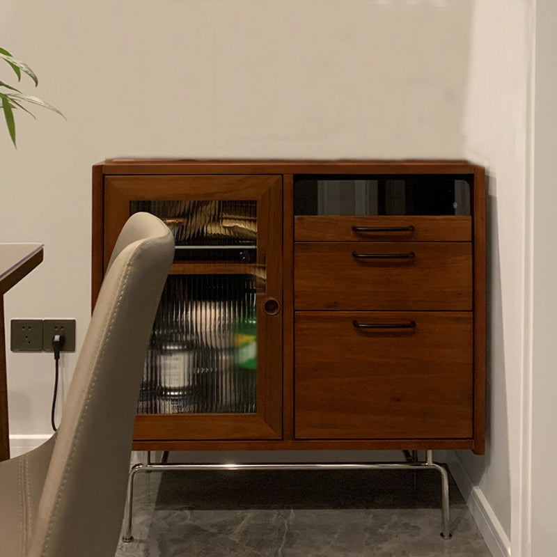 Pine Wood Living Room Sideboard Cabinet Modern Credenza with Storage and Glass Door