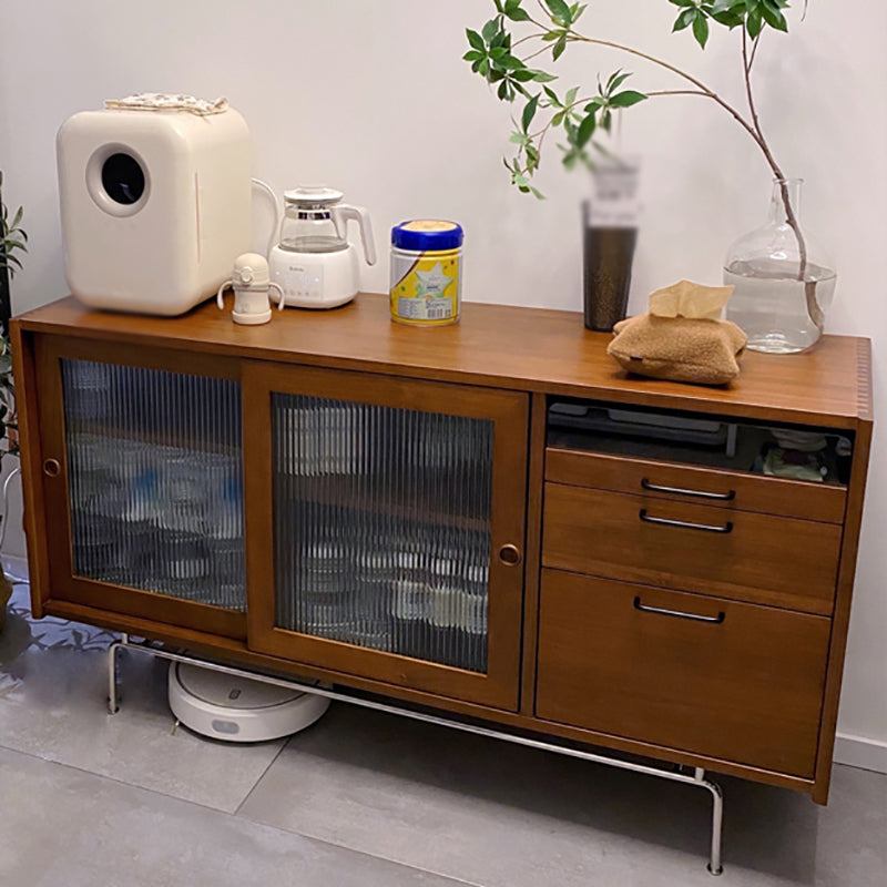 Pine Wood Living Room Sideboard Cabinet Modern Credenza with Storage and Glass Door