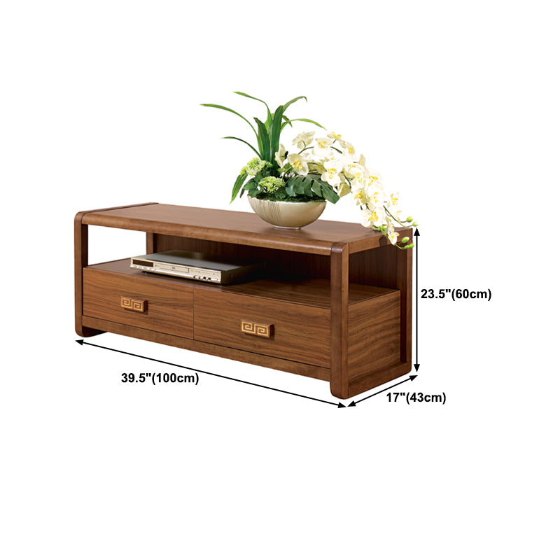 Brown Rubber Wood TV Stand Contemporary Style TV Cabinet with 2 Drawers